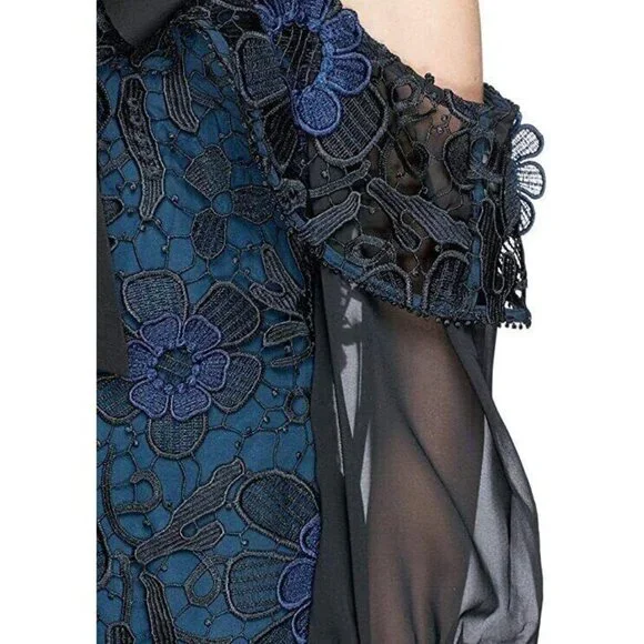 NWT Self Portrait Navy 3D Cold Shoulder Floral Guipure LACE Mini Dress Sz 8 - Picture 2 of 14